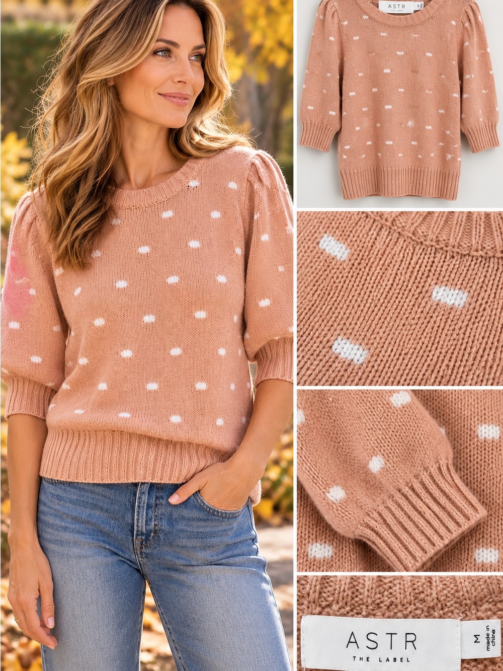 ASTR The Label Blush Pink Dash Knit Puff Sleeve Sweater M